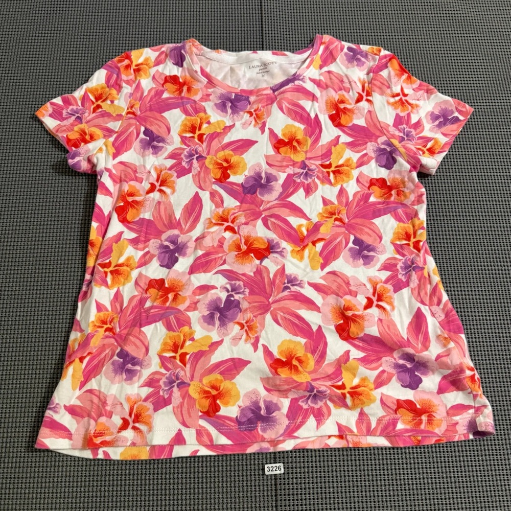 Laura Scott Petite Womens Medium Pink Floral Short Sleeve T-Shirt